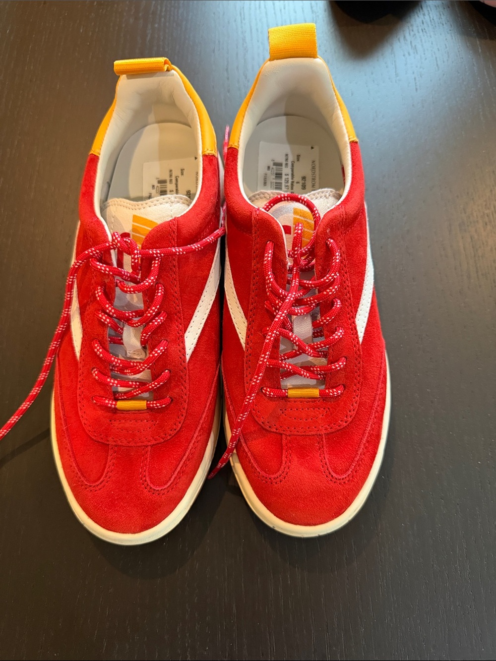 Red Suede Women’s Sneakers with White Stripe and Yellow Accent